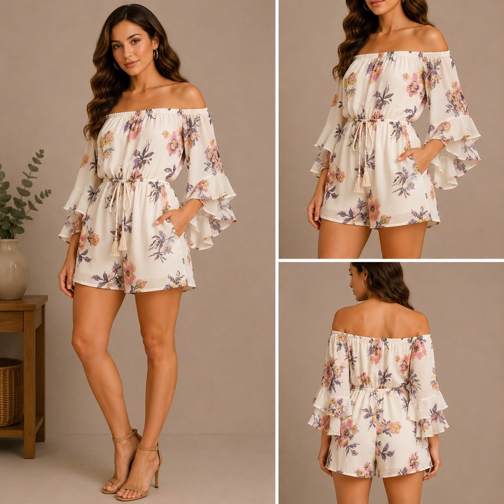 Hint of Blush Floral Romper Womens Small White New Off Shoulder Bell Sleeve